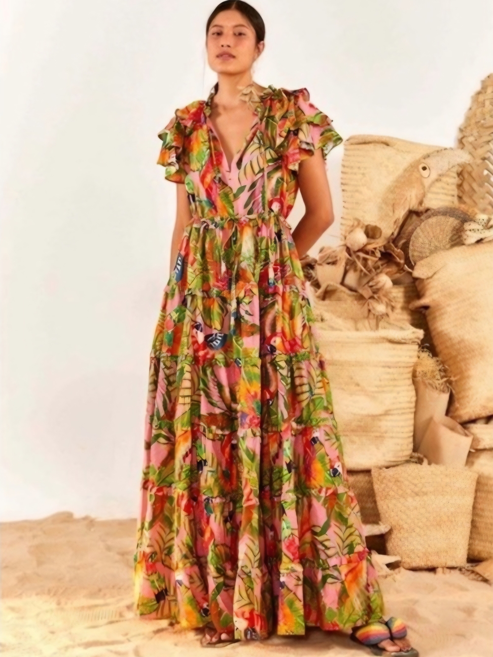 FARM Rio Tropical Bird Ruffle Tiered Maxi Dress Pink Size M - Picture 3 of 6